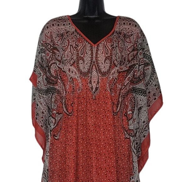 Flowy Bohemian-Style Red Paisley Printed Caftan Dress With Sheer Overlay & Loose - Picture 2 of 7